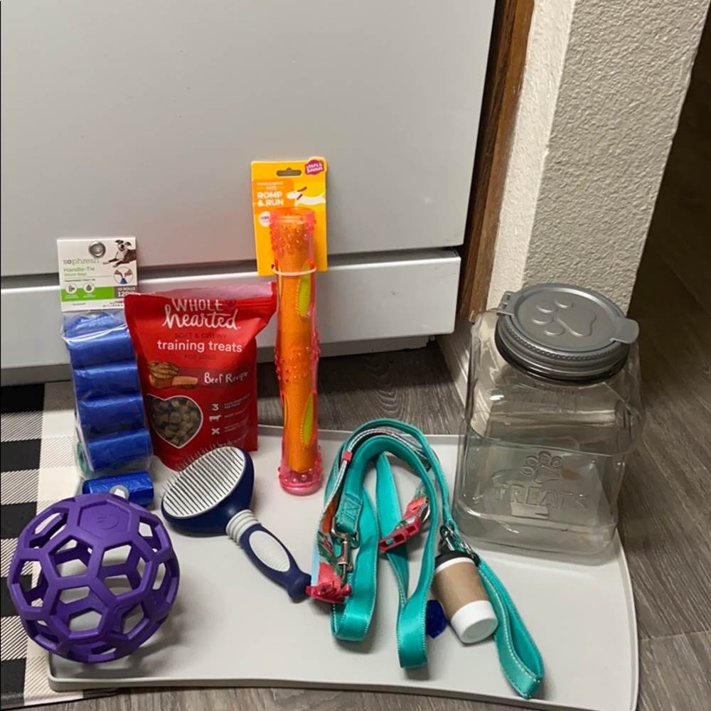 Dog bundle - leash, collar, bowl tray, toys & more